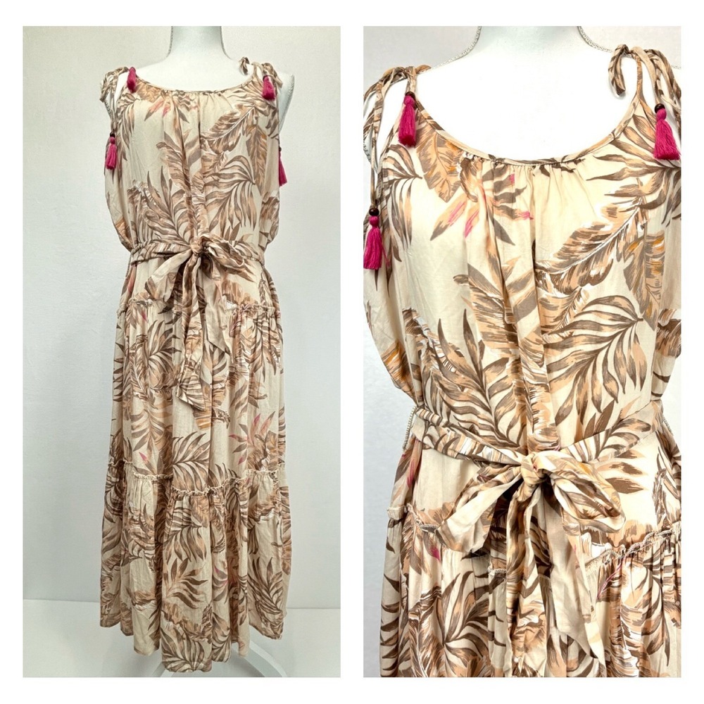 Tan Beige Sundress Beach Coverup Maxi Pink Tassel Tie Spaghetti Strap Belt XL